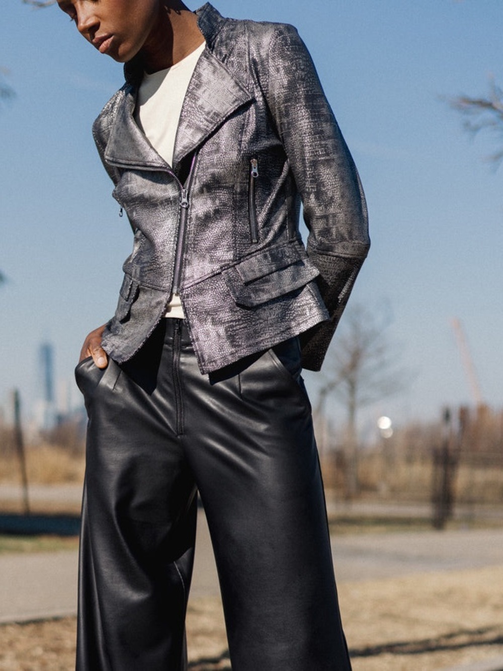 Clara Sun Woo Metallic Liquid LeatherTextured Biker Jacket Gunmetal Silver Sz XS